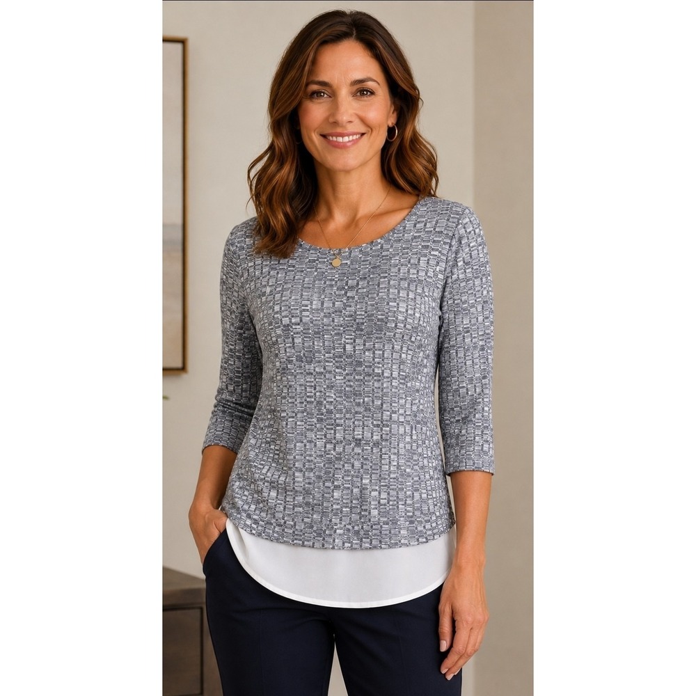NWT Ivanka Trump Top Jacquard Knit Mixed Media Layered Blue & White Size Medium